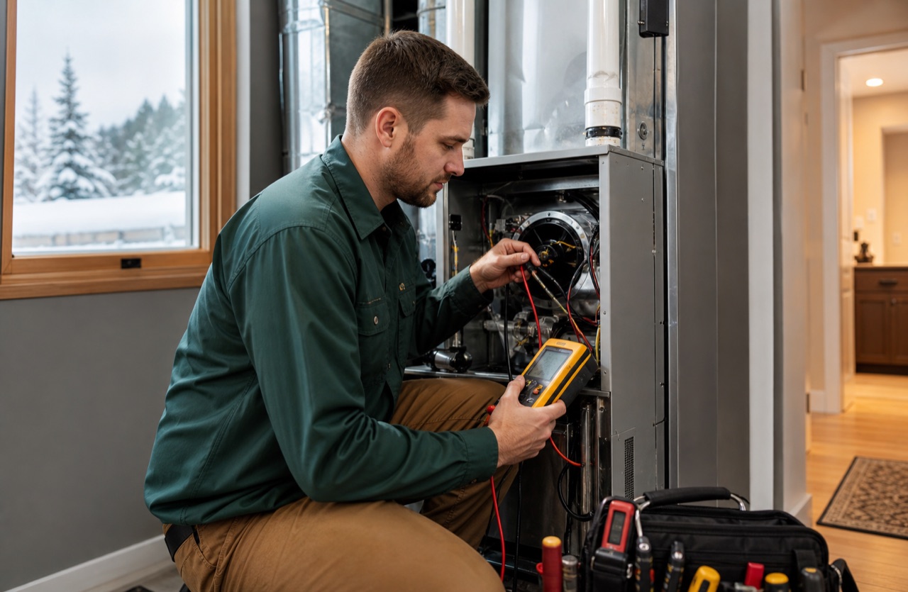 Heating technician inspecting a residential furnace in Parker